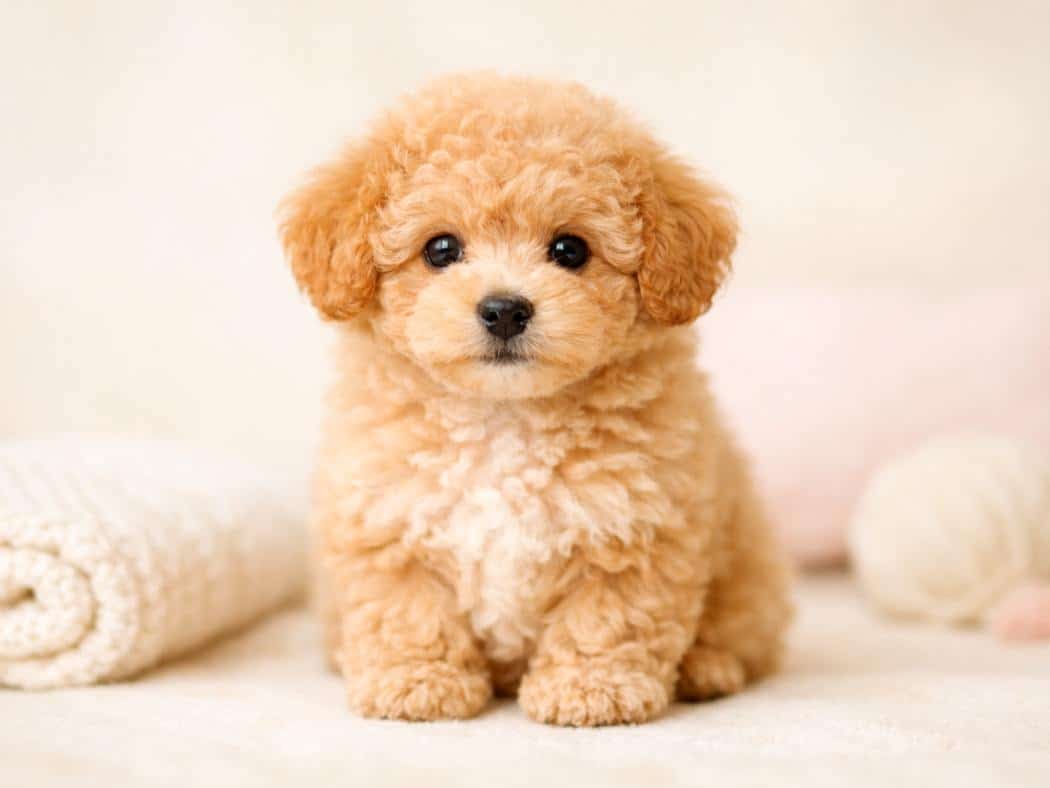 Apricot poodle puppy sitting and looking curiously at the camera