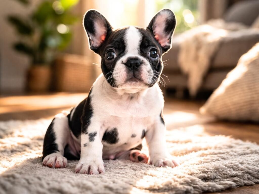 Adorable black and white pied French Bulldog puppy sitting on a soft rug in warm natural light