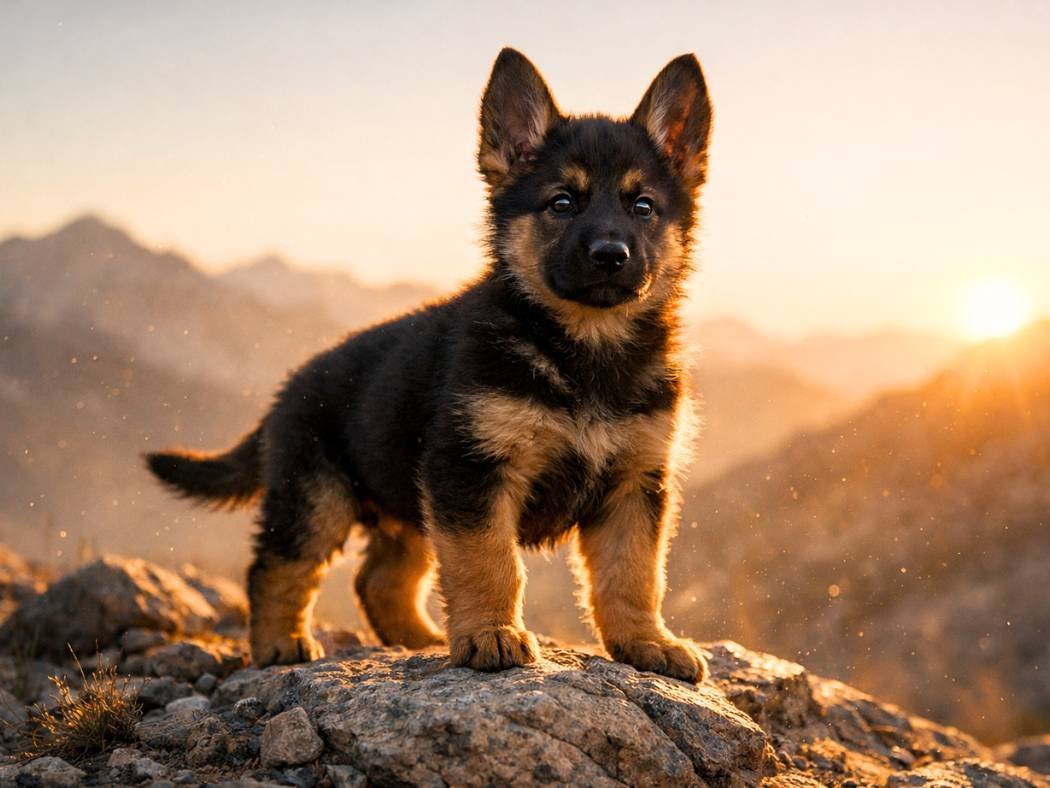 Confident German Shepherd puppy standing bravely on a rocky ridge with sunrise lighting in the background