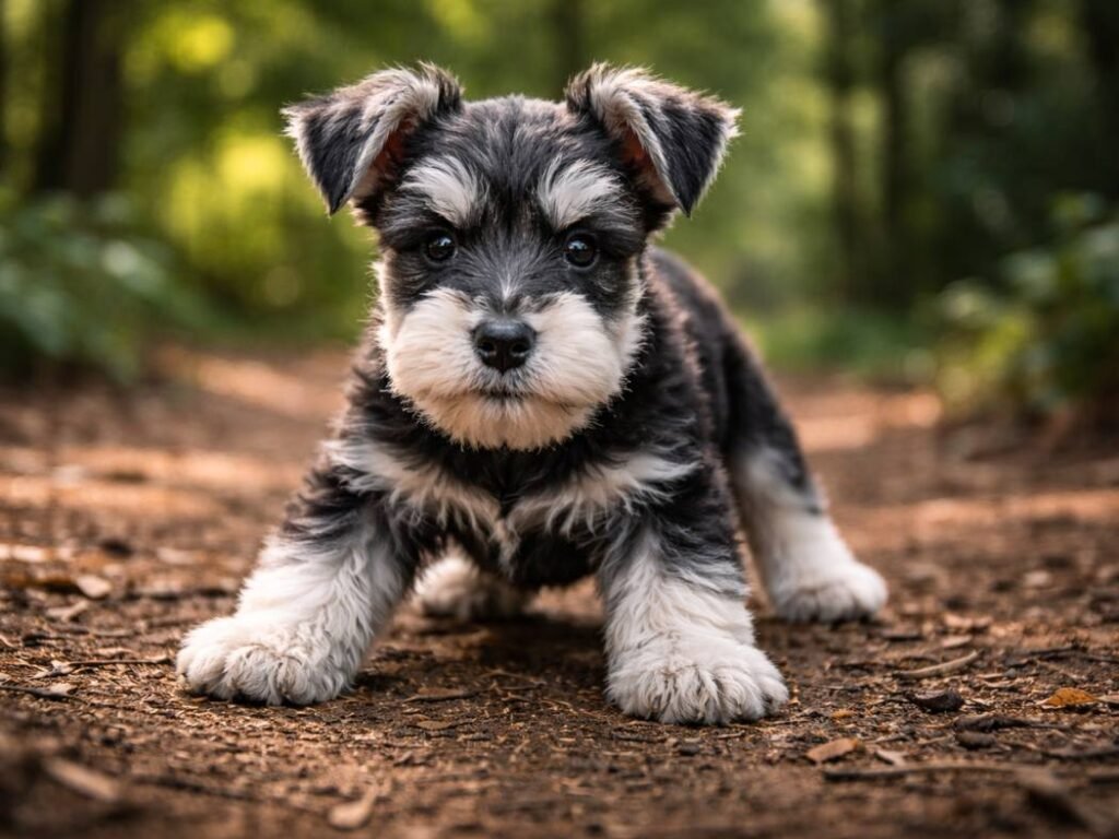 Confident male Miniature Schnauzer puppy in a grounded crouched stance outdoors