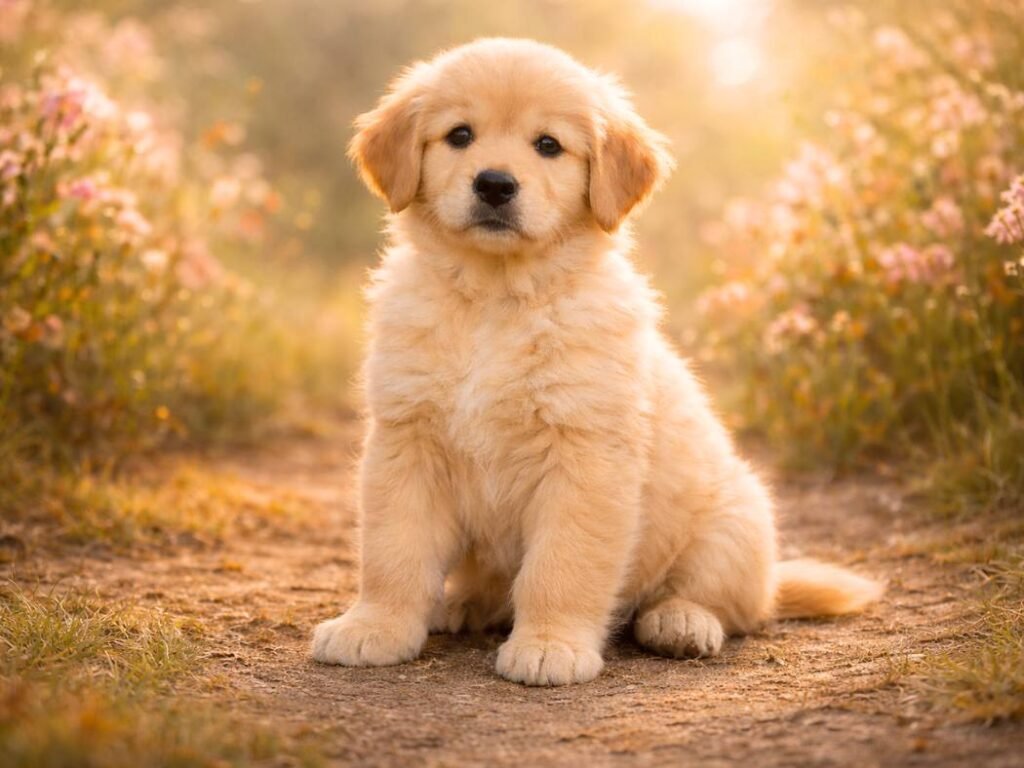 A beautiful Golden Retriever puppy with fluffy golden fur sitting calmly in soft natural light