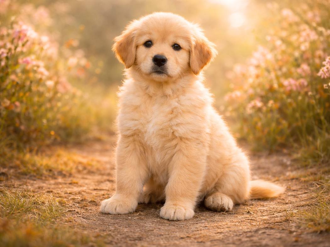A beautiful Golden Retriever puppy with fluffy golden fur sitting calmly in soft natural light