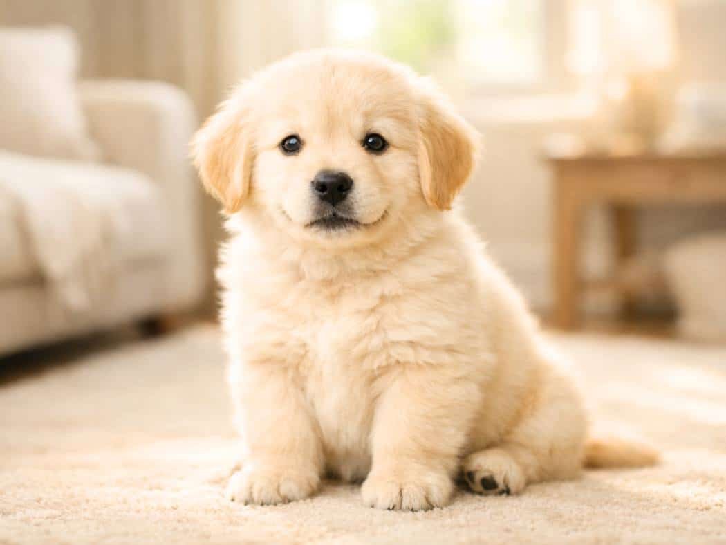 Fluffy light beige golden retriever puppy sitting in warm natural sunlight