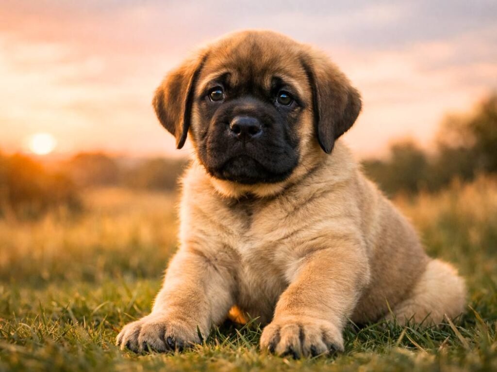 Adorable Mastiff puppy sitting proudly in a grassy field during golden hour