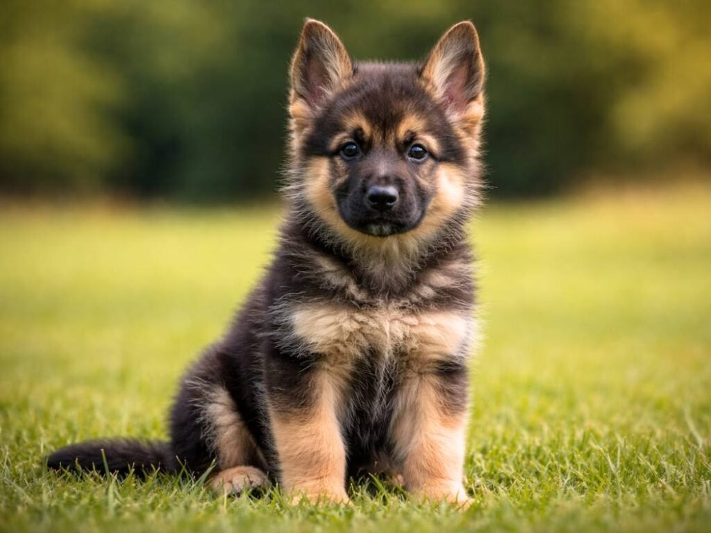 German Shepherd puppy sitting alert in a green open field
