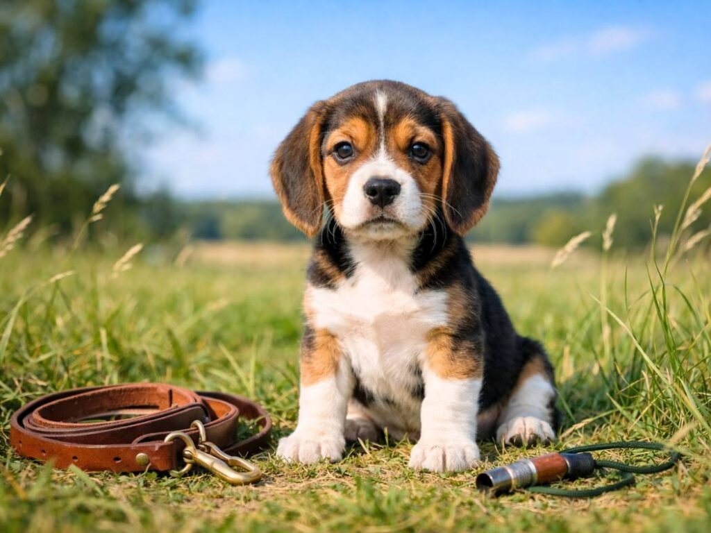 Beagle puppy sitting in an open field with a leash and hunting whistle nearby