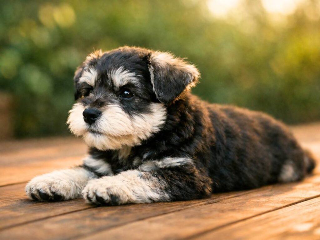 Male Miniature Schnauzer puppy lying calmly on a wooden deck in natural light