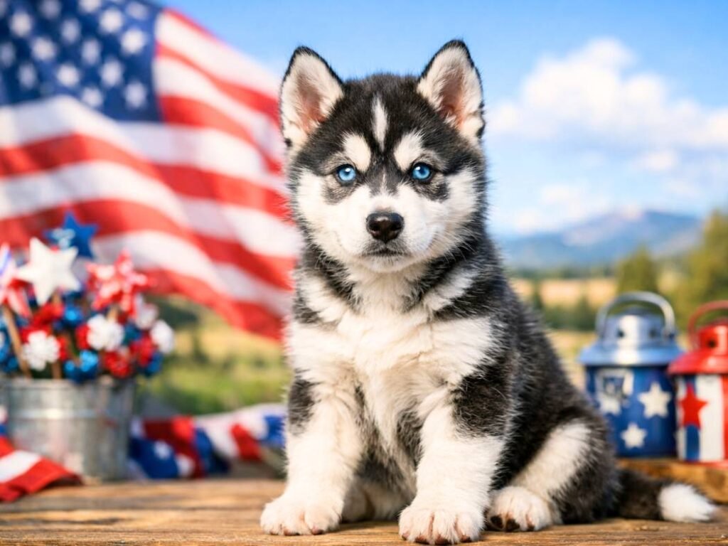 Siberian Husky puppy with American flag and red white and blue accents outdoors