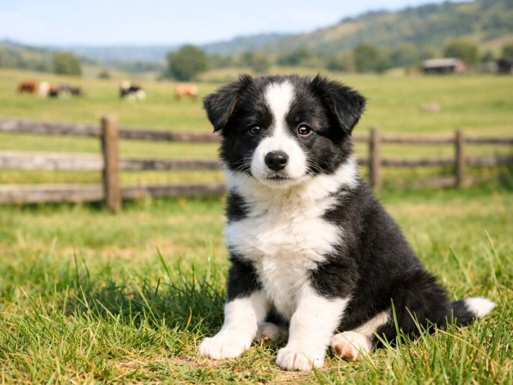 Border Collie puppy in a grassy field on a ranch