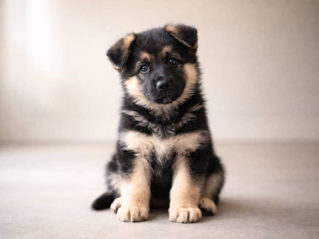 Black and beige German Shepherd puppy with classic tan markings sitting indoors