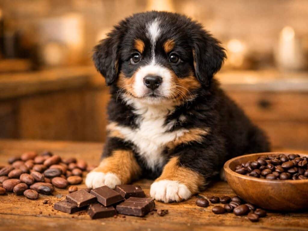 Fluffy black and brown Bernese Mountain Dog puppy sitting near cocoa and coffee beans