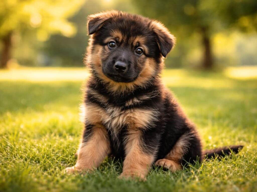 Black and brown German Shepherd puppy sitting on grass and looking curiously at the camera