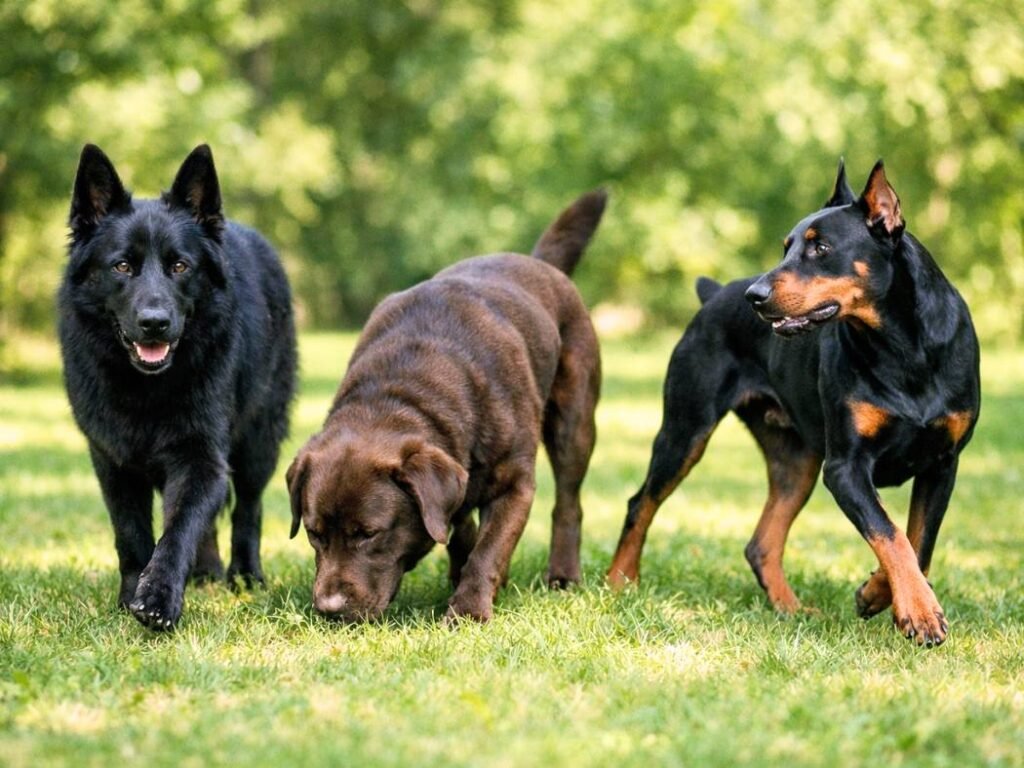 Three dark-colored dogs including a black German Shepherd, chocolate Labrador, and Doberman in a natural outdoor park setting in bright daylight