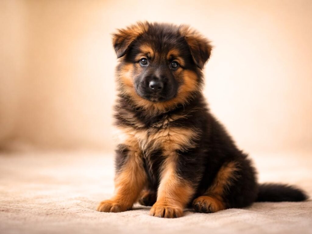 A fluffy black and red German Shepherd puppy sitting in warm golden light, looking alert and adorable.
