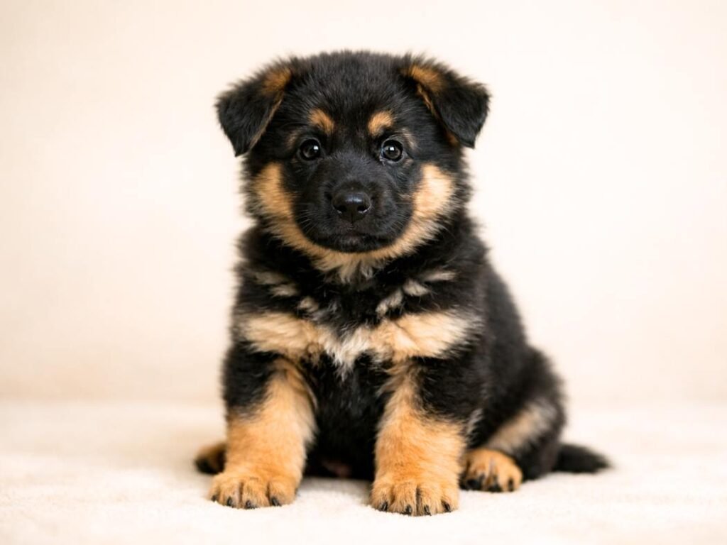 Black and tan German Shepherd puppy sitting and looking at the camera with soft natural lighting.