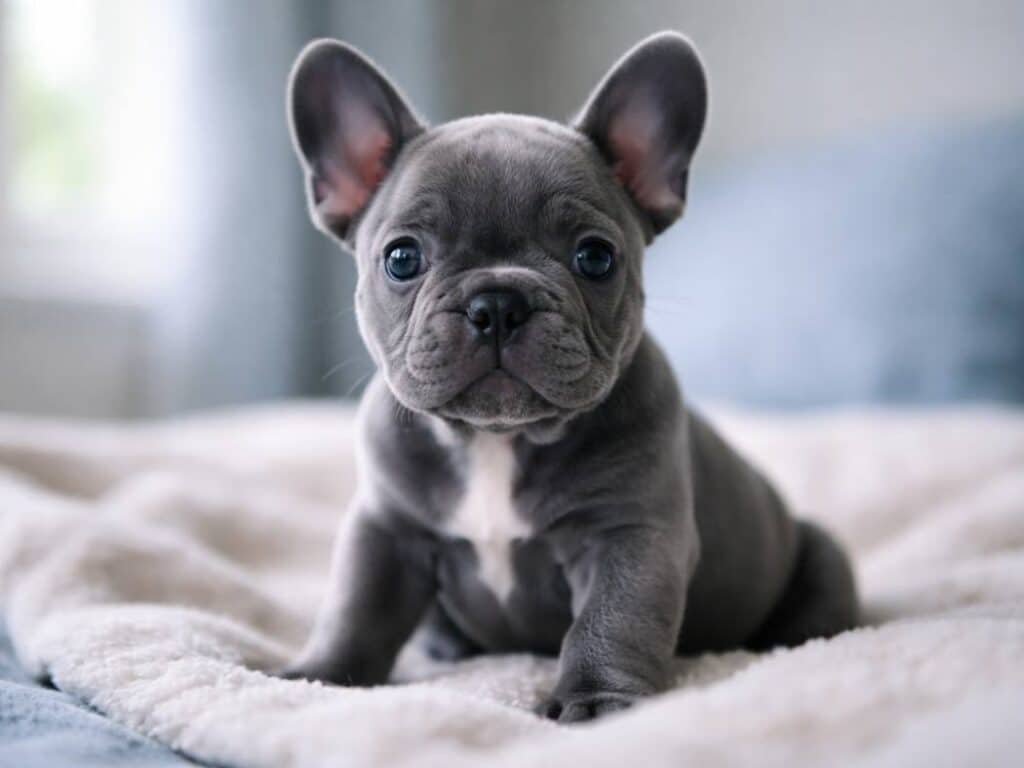 Blue French Bulldog puppy sitting and looking curious