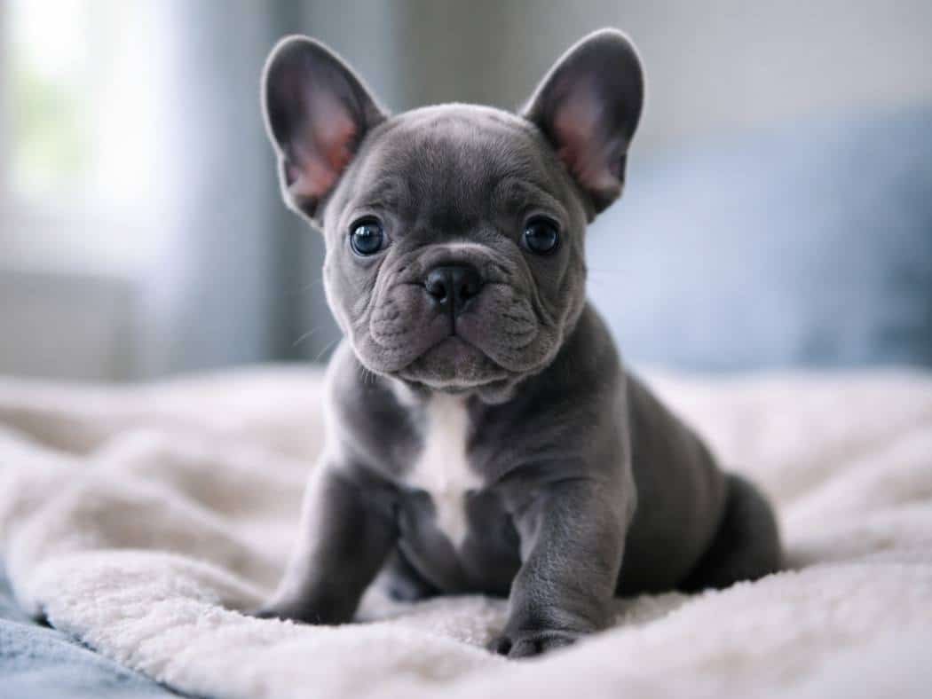 Blue French Bulldog puppy sitting and looking curious