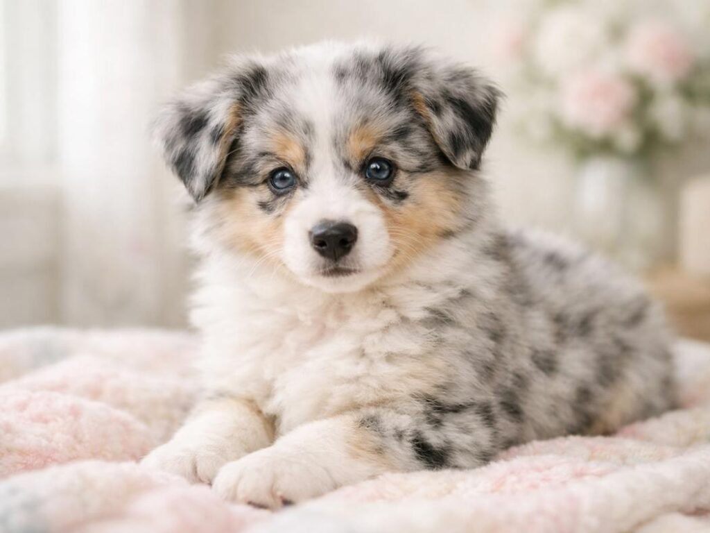 Blue merle Australian Shepherd puppy sitting on a soft pastel blanket with gentle natural light and a fluffy speckled coat