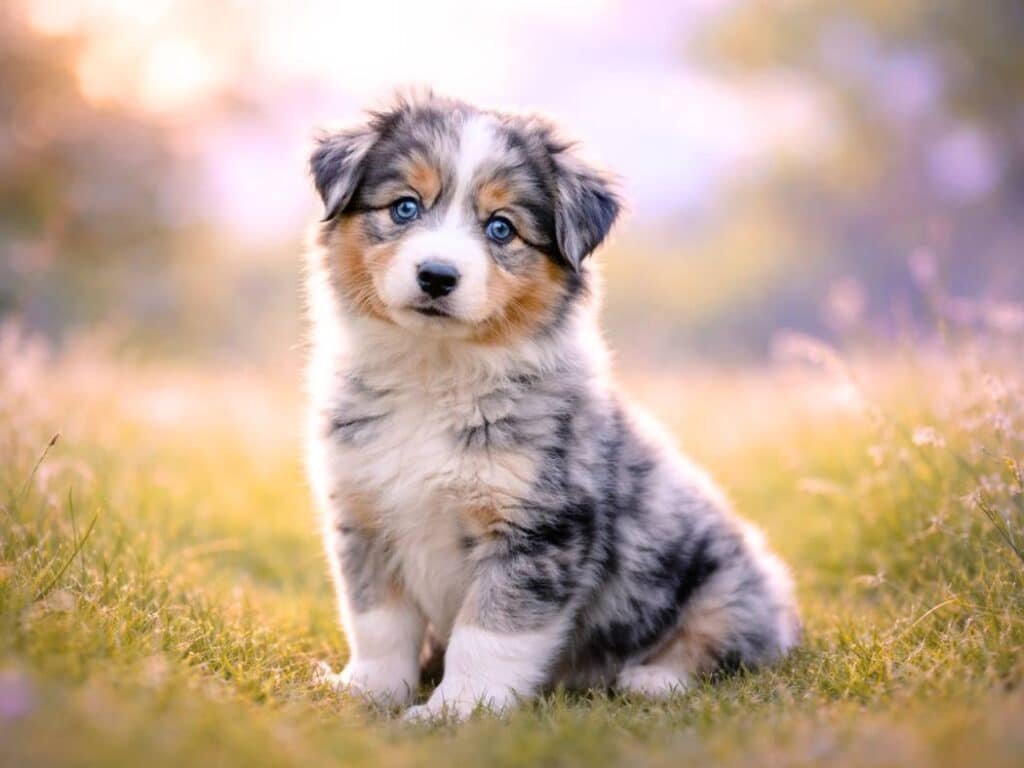 Cute blue merle Australian Shepherd puppy sitting on a grassy meadow with soft golden sunlight highlighting its marbled coat