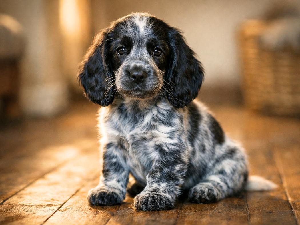 Blue roan English Cocker Spaniel puppy sitting on a wooden floor with soft golden sunlight highlighting its speckled coat