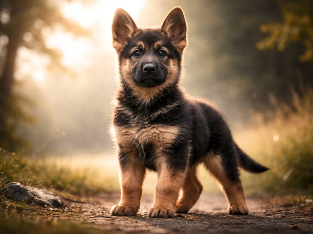 German Shepherd puppy standing confidently with alert posture and focused expression