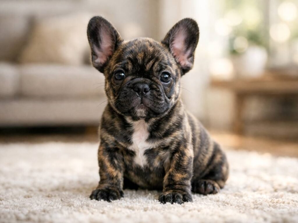 Brindle French Bulldog puppy sitting indoors and looking at the camera