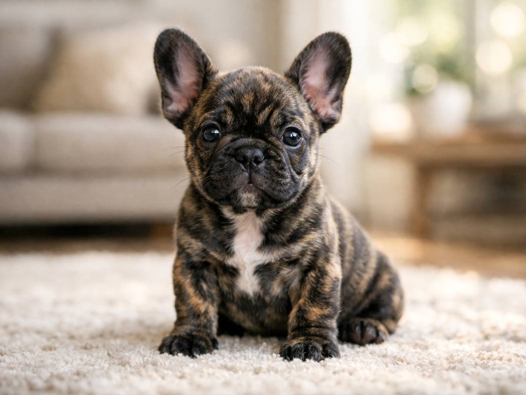 Brindle French Bulldog puppy sitting indoors and looking at the camera
