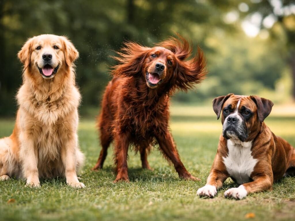 Three brown and earthy-toned dogs including a Golden Retriever, Irish Setter, and Boxer captured naturally in a sunlit grassy park