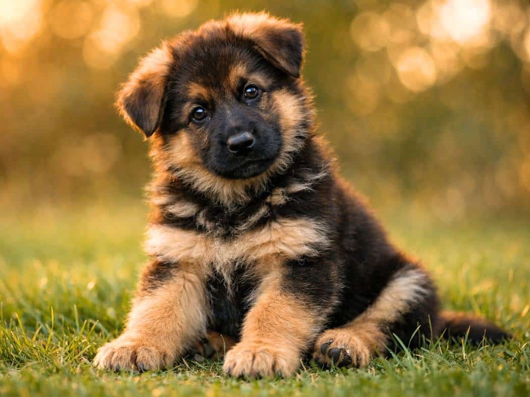 Brown and tan German Shepherd puppy sitting on grass and looking at the camera