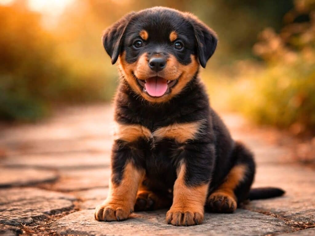 Brown and tan Rottweiler puppy sitting outdoors in warm sunlight