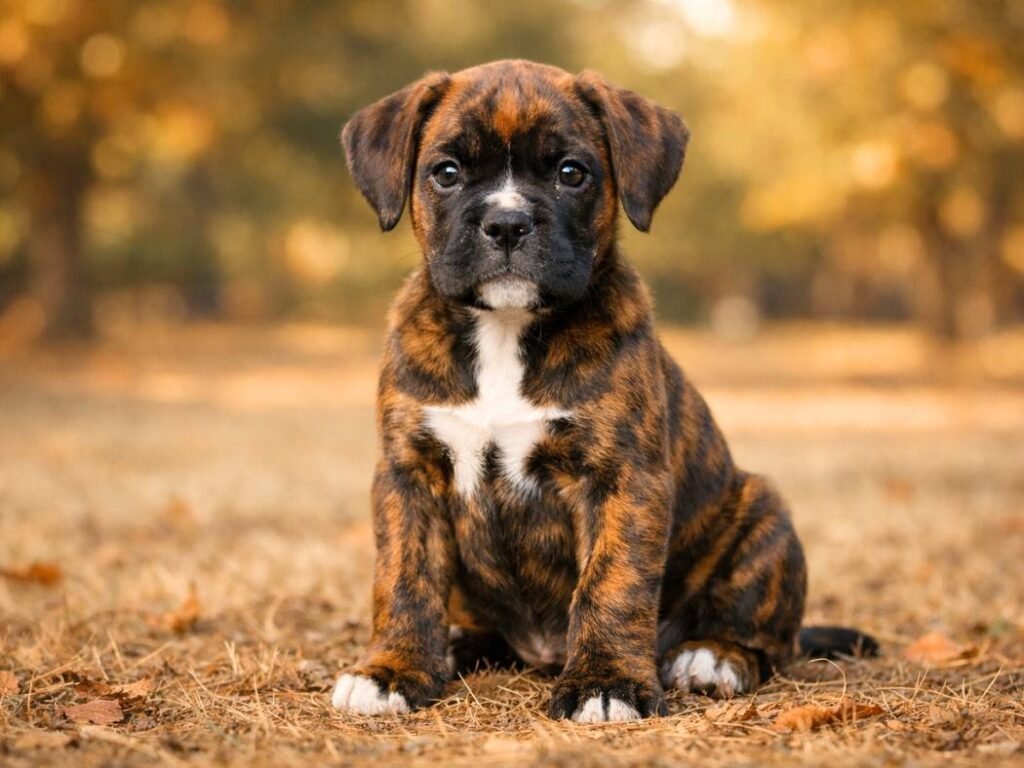 Brown brindle Boxer puppy sitting outdoors in warm sunlight