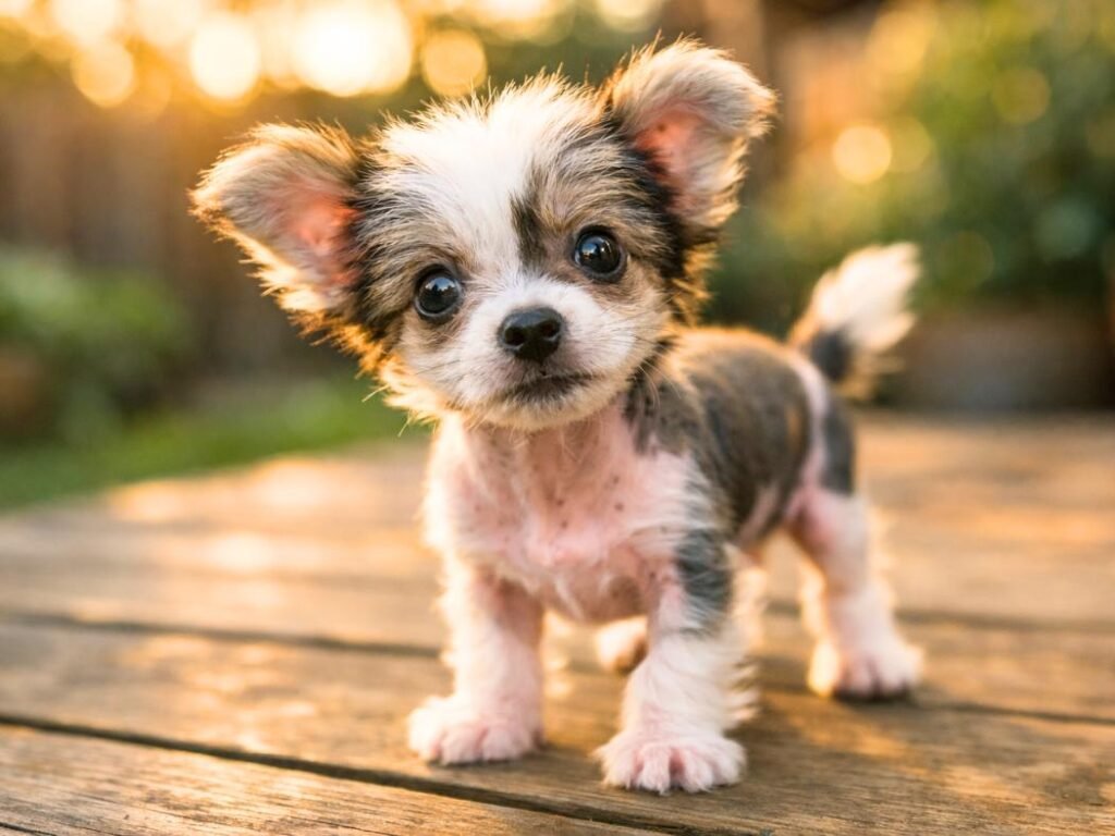 Adorable Chinese Crested puppy standing on a wooden deck in warm golden hour sunlight.