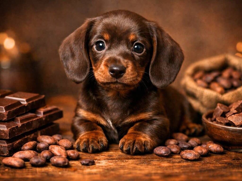 Chocolate brown dachshund puppy sitting beside cocoa beans and chocolate bars