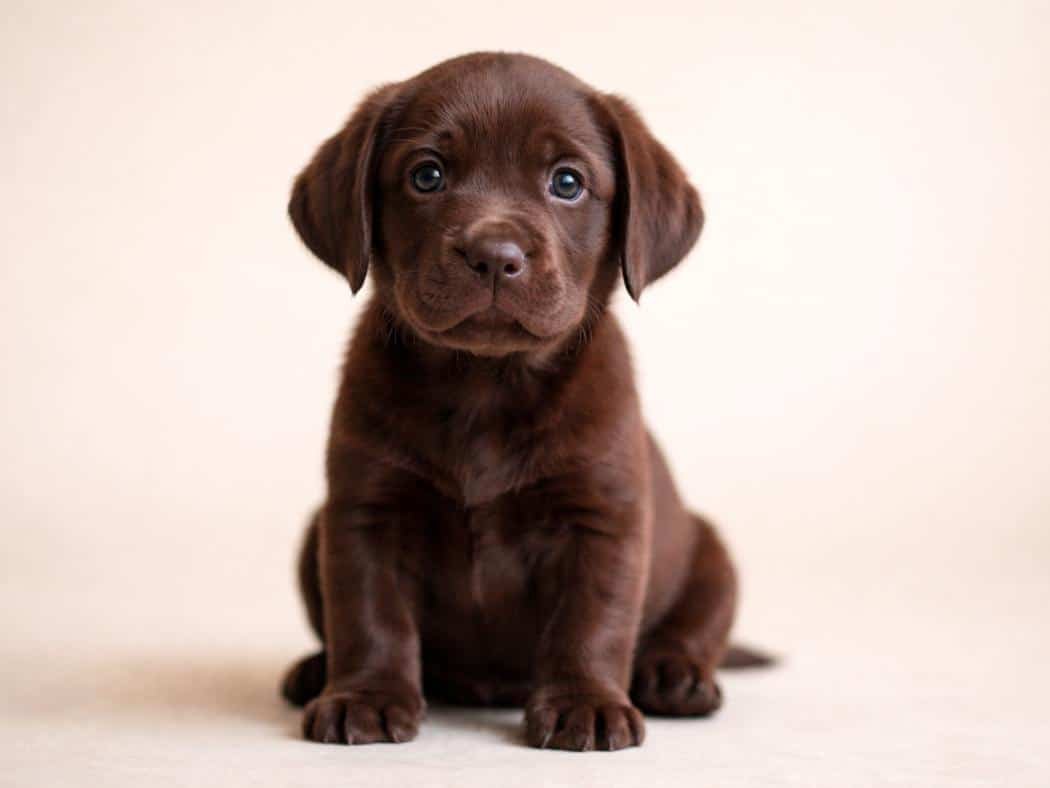 Chocolate Labrador puppy sitting and looking at the camera with a rich brown coat and adorable expression