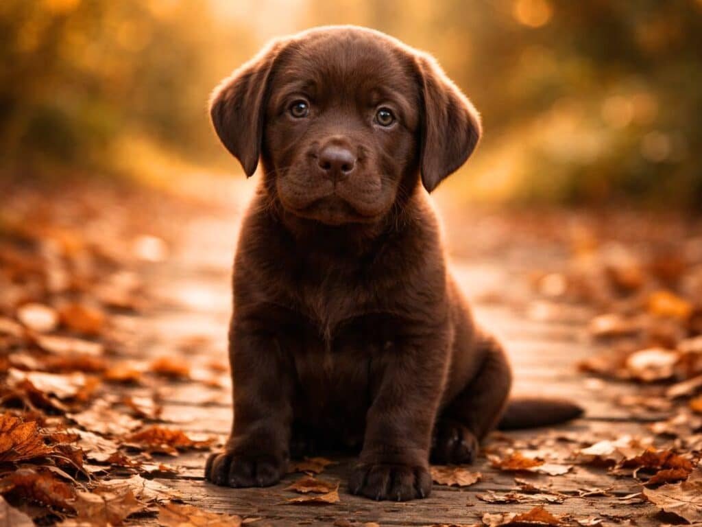 Chocolate Labrador puppy sitting on an autumn path with warm brown leaves