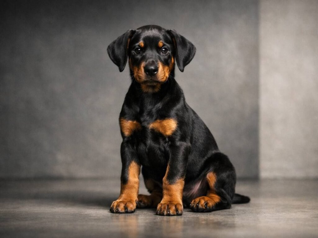 Classy Doberman Pinscher puppy sitting confidently in a minimalist, upscale setting.