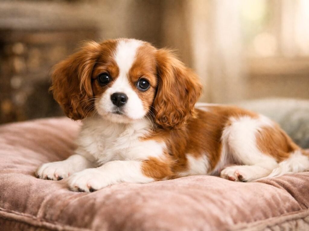 Classy Cavalier King Charles Spaniel puppy resting calmly on a soft velvet surface
