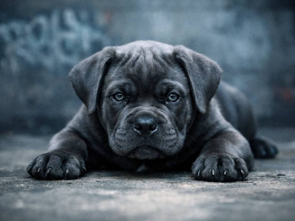 A Cane Corso puppy standing firmly with a serious, intimidating expression, illustrating cool aggressive-sounding dog names.