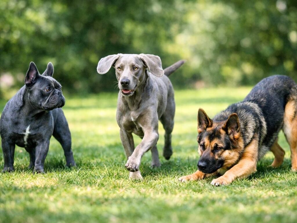 Three uncommon-colored dogs including a blue French Bulldog, silver Weimaraner, and sable German Shepherd in a natural daylight setting outdoors