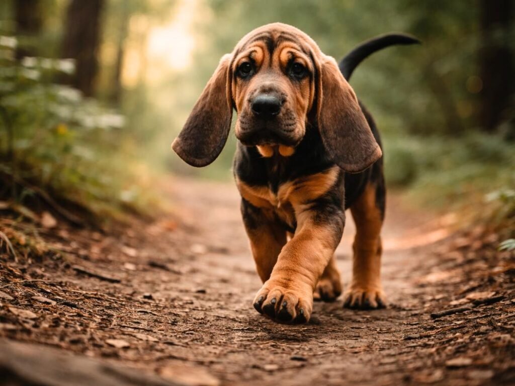 Young Bloodhound puppy walking confidently on a forest trail in soft morning light.