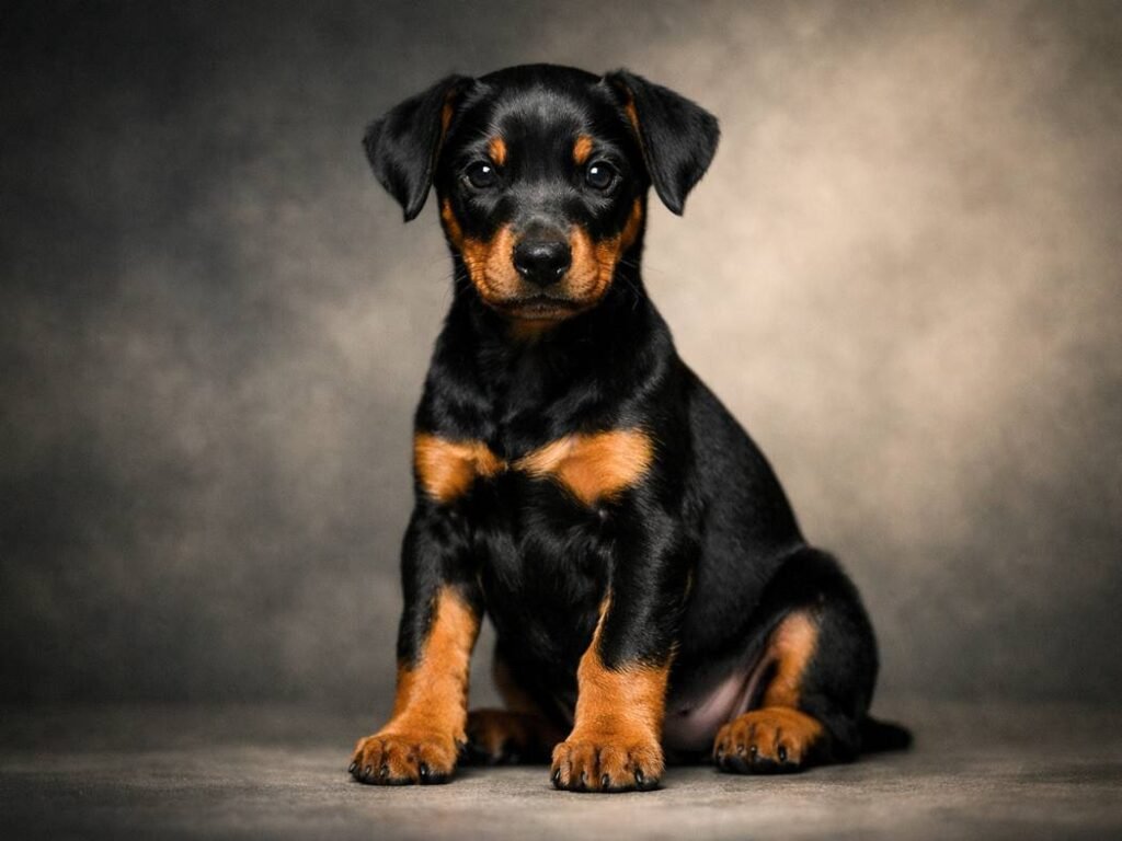 Cool-looking female Doberman puppy sitting confidently in a stylish, minimalist setting