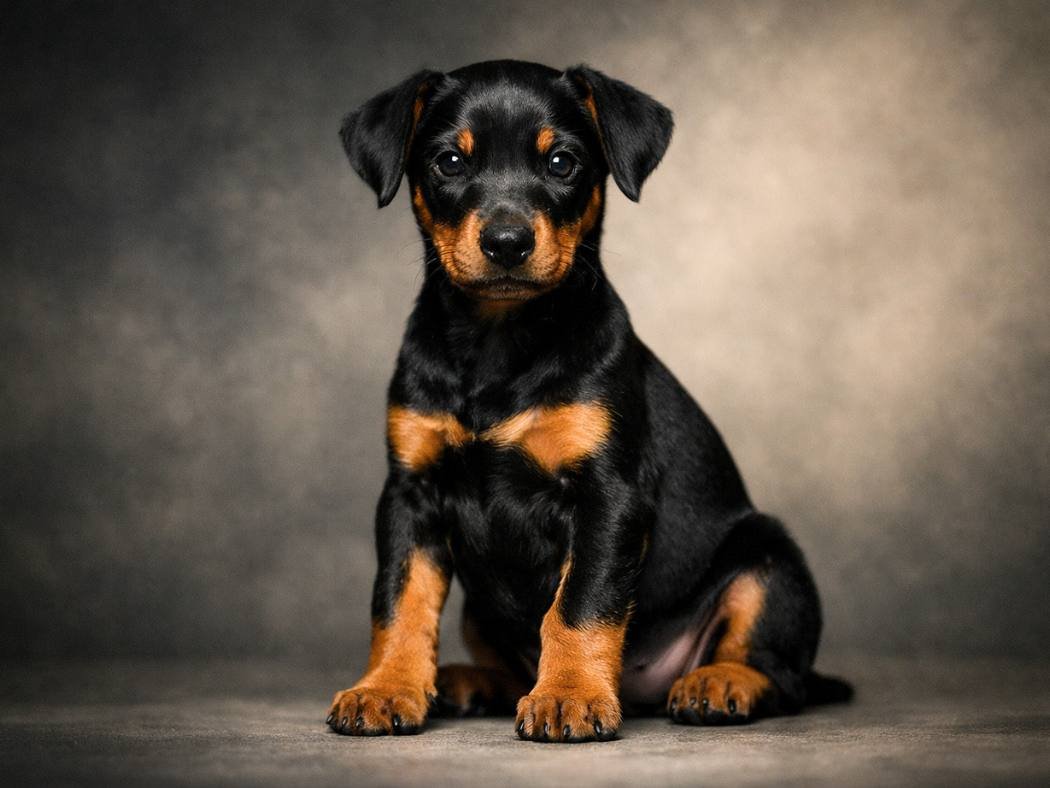 Cool-looking female Doberman puppy sitting confidently in a stylish, minimalist setting