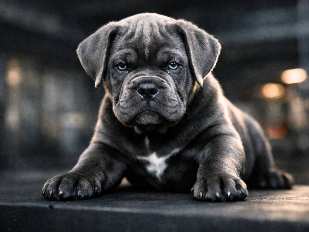 Cane Corso puppy with a calm but intimidating expression, showing cool and confident dog name inspiration.