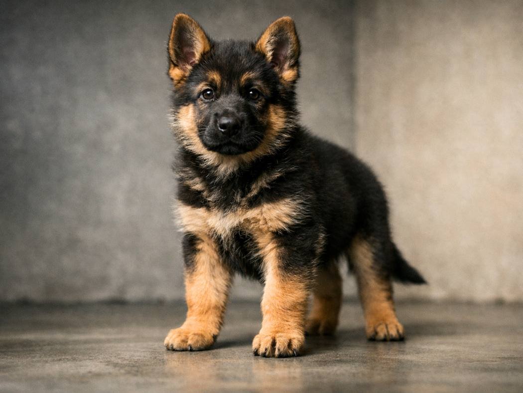 Confident male German Shepherd puppy standing in a clean, modern studio setting