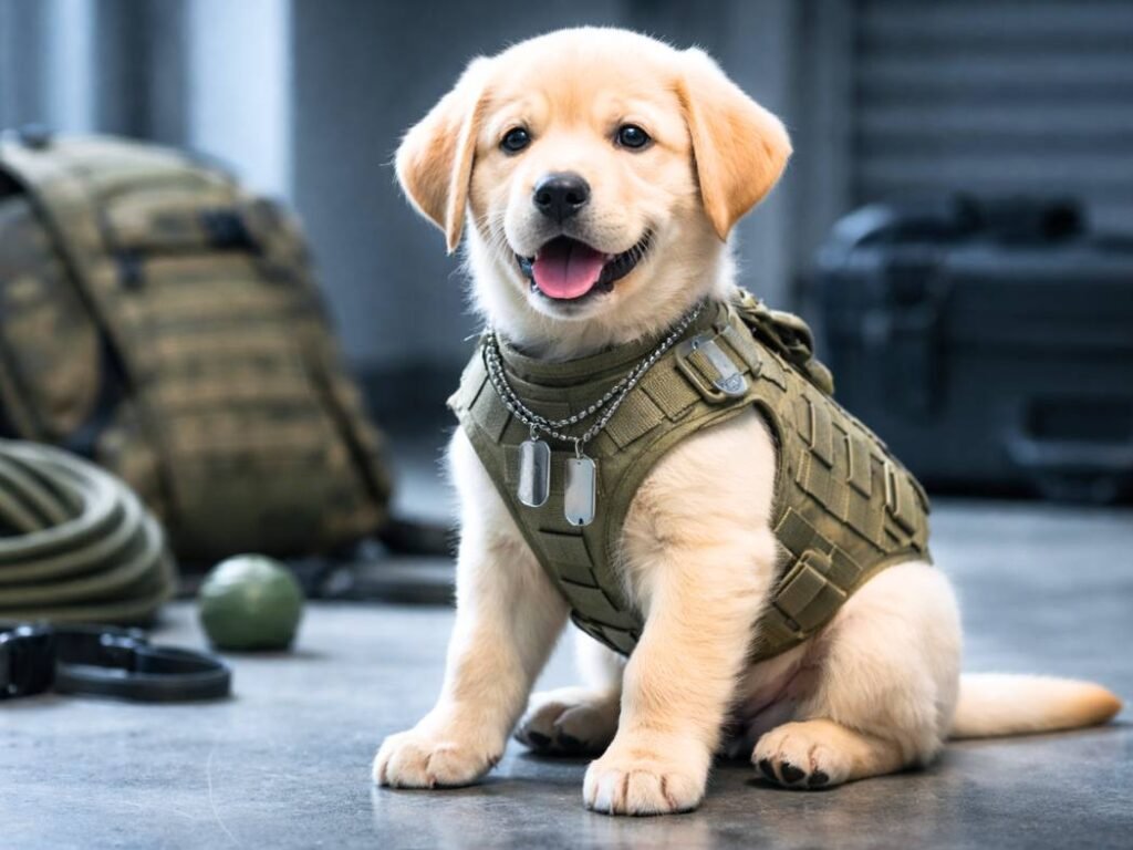 Labrador Retriever puppy wearing military-style gear, representing cool military dog names