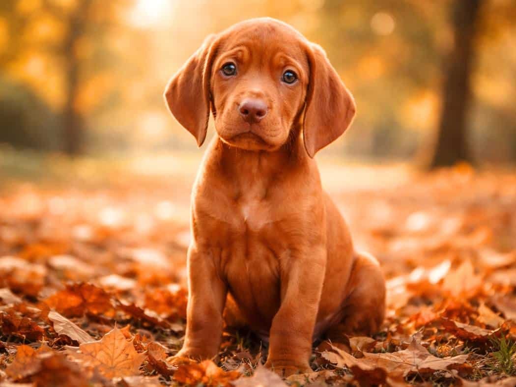 Copper-colored Vizsla puppy sitting among autumn leaves in warm sunlight