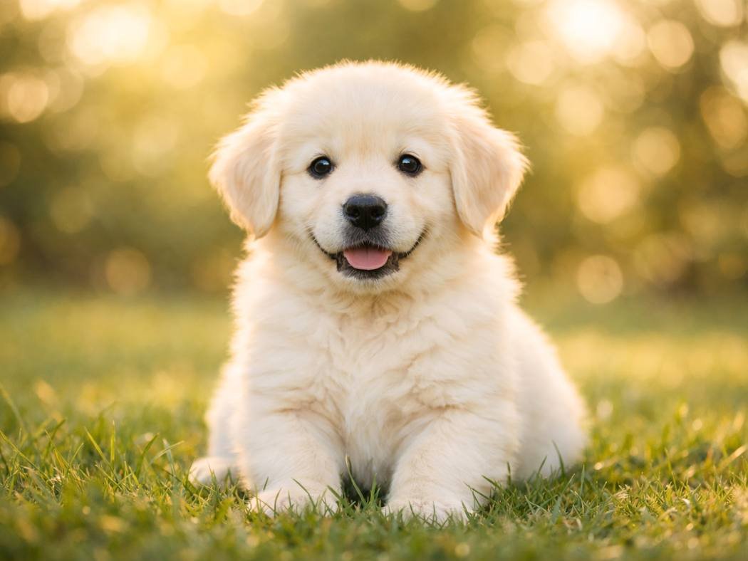 Cream Golden Retriever puppy sitting on grass looking at the camera