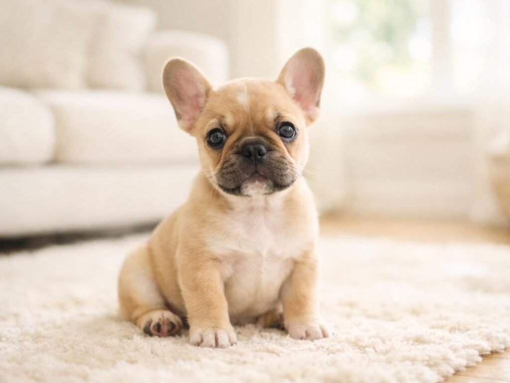 French Bulldog puppy sitting in a bright American living room
