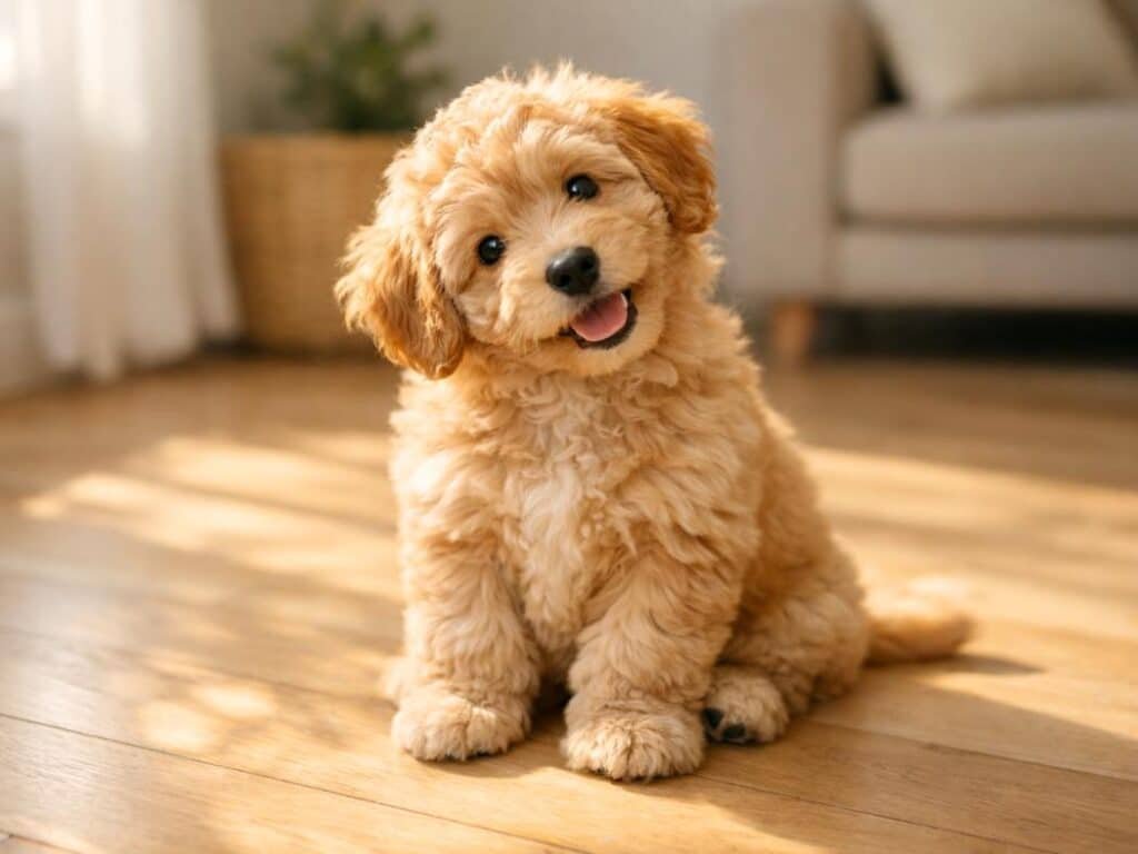 Cute apricot goldendoodle puppy sitting in warm natural light