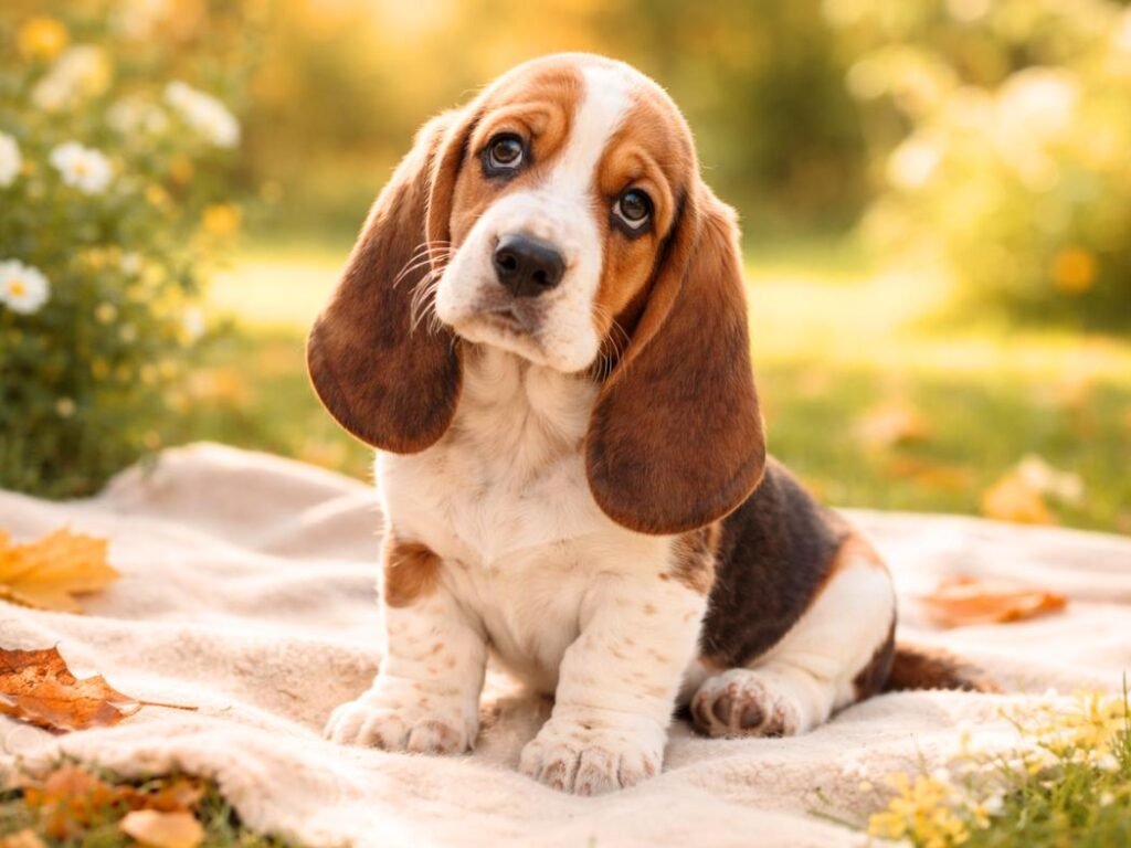 Adorable Basset Hound puppy with long floppy ears sitting on a picnic blanket in a sunny garden.